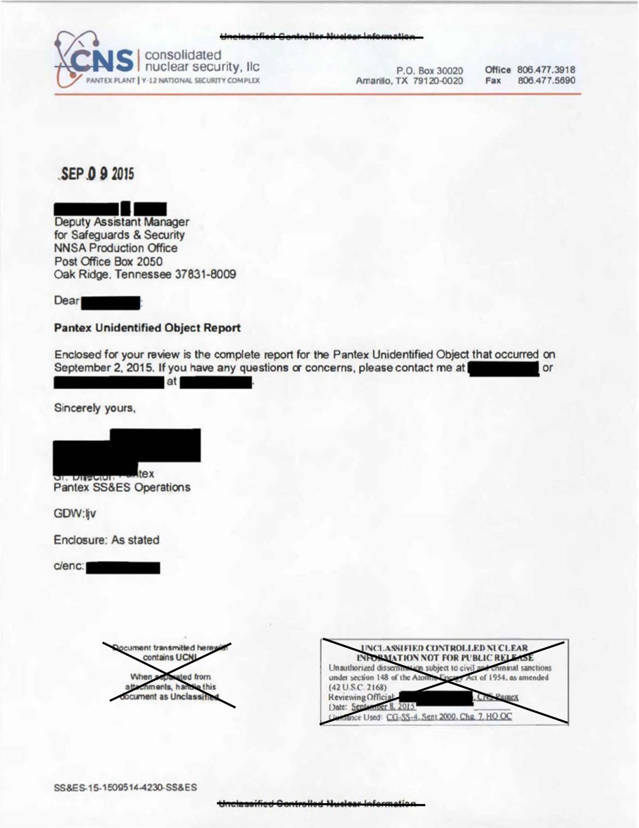 Official preview image for DOE-UAP-D005, Pantex Unidentified Object Incident Report, 2015.