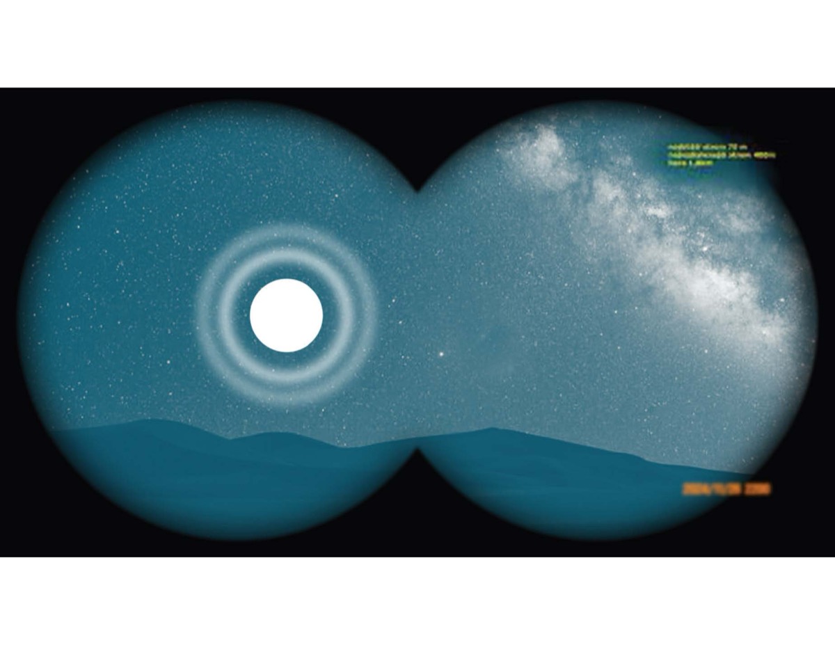Una representación digital de un cielo nocturno con un objeto grande y brillante rodeado de círculos concéntricos, visto a través de binoculares.